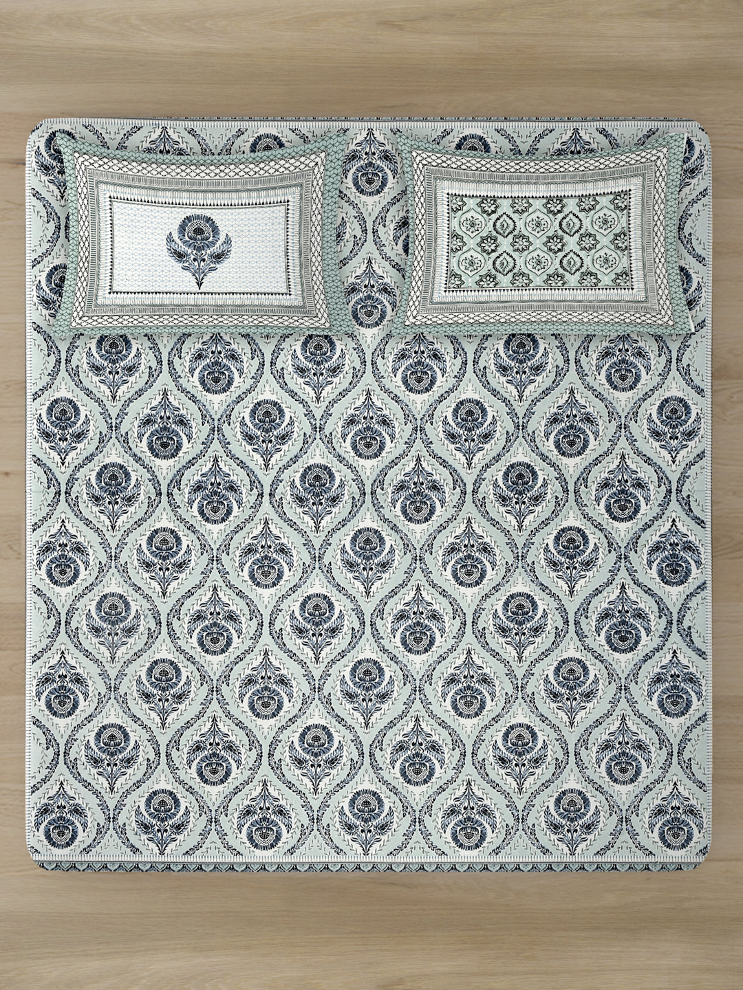 Grey and Green Ethnic Motif 180 TC Cotton Super King Bed Sheet with 2 Pillow Covers