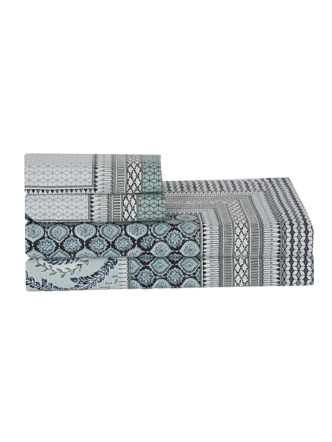 Grey and Green Ethnic Motif 180 TC Cotton Super King Bed Sheet with 2 Pillow Covers