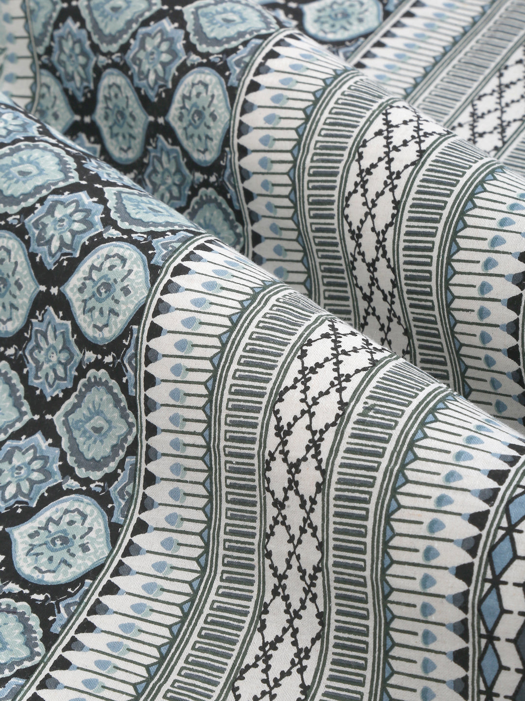 Grey and Green Ethnic Motif 180 TC Cotton Super King Bed Sheet with 2 Pillow Covers
