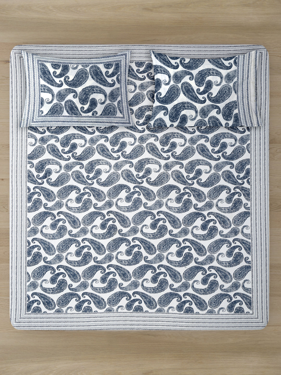 White and Blue Paisley Print 180 TC Cotton Double Bed Sheet with 2 Pillow Covers