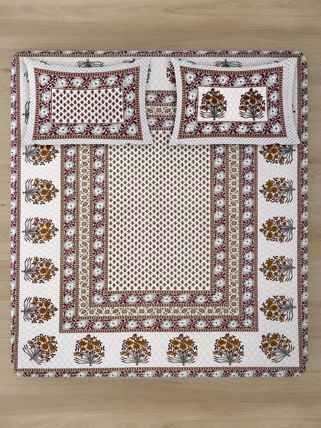 White and Grey Screen Jaipuri Indie Print 180 TC Cotton Double Bed Sheet with 2 Pillow Covers