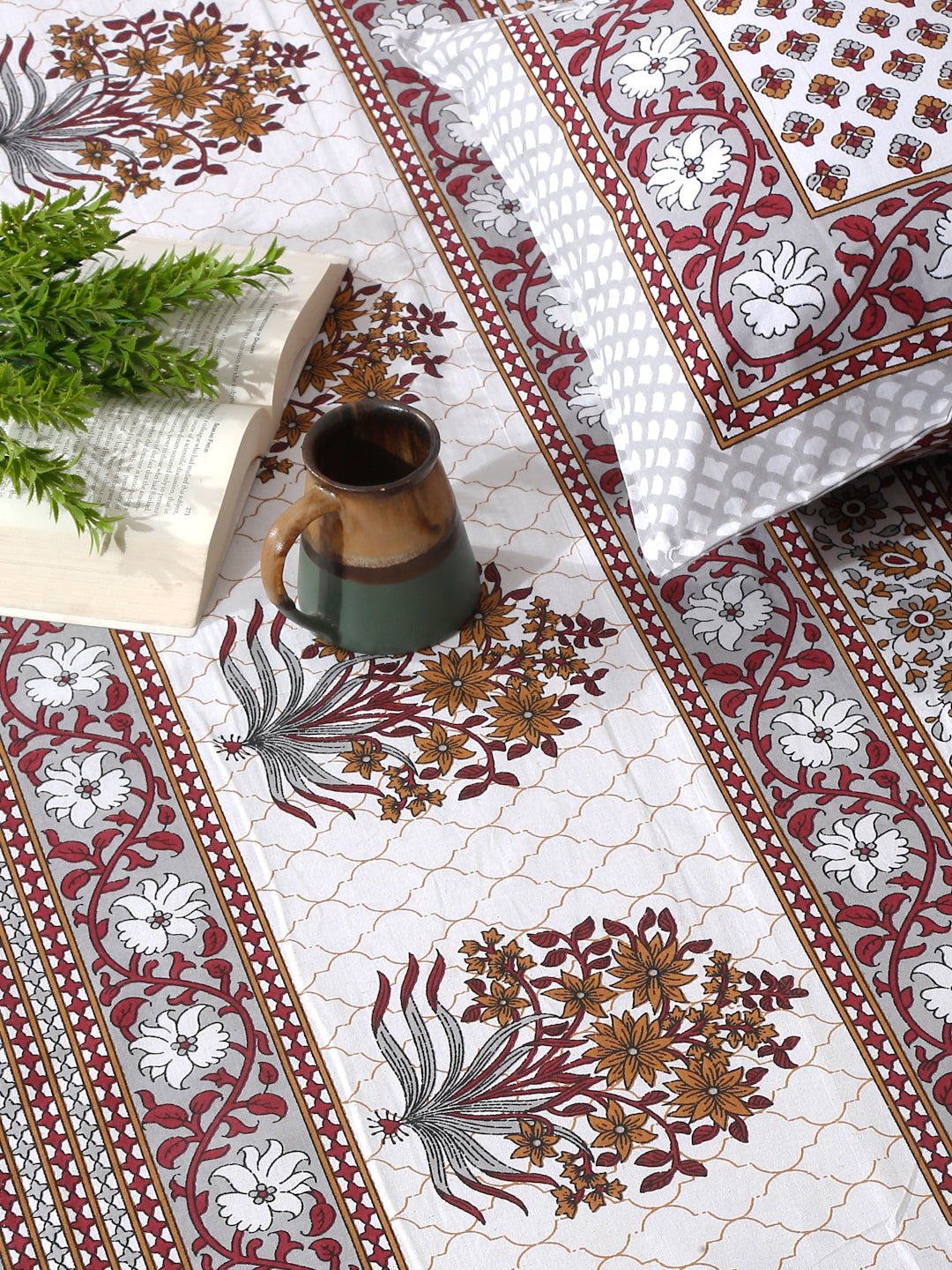 White and Grey Screen Jaipuri Indie Print 180 TC Cotton Double Bed Sheet with 2 Pillow Covers