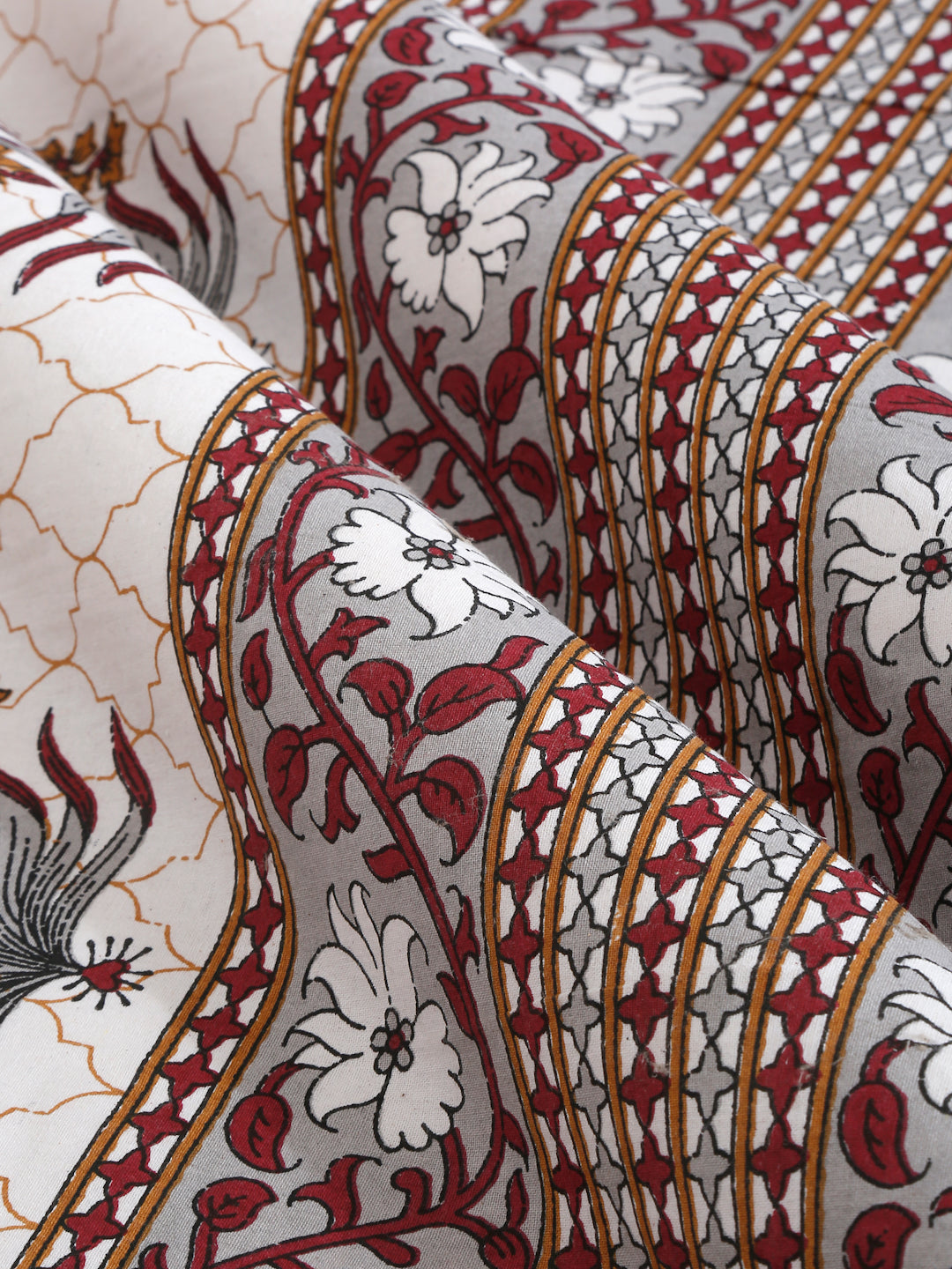White and Grey Screen Jaipuri Indie Print 180 TC Cotton Double Bed Sheet with 2 Pillow Covers