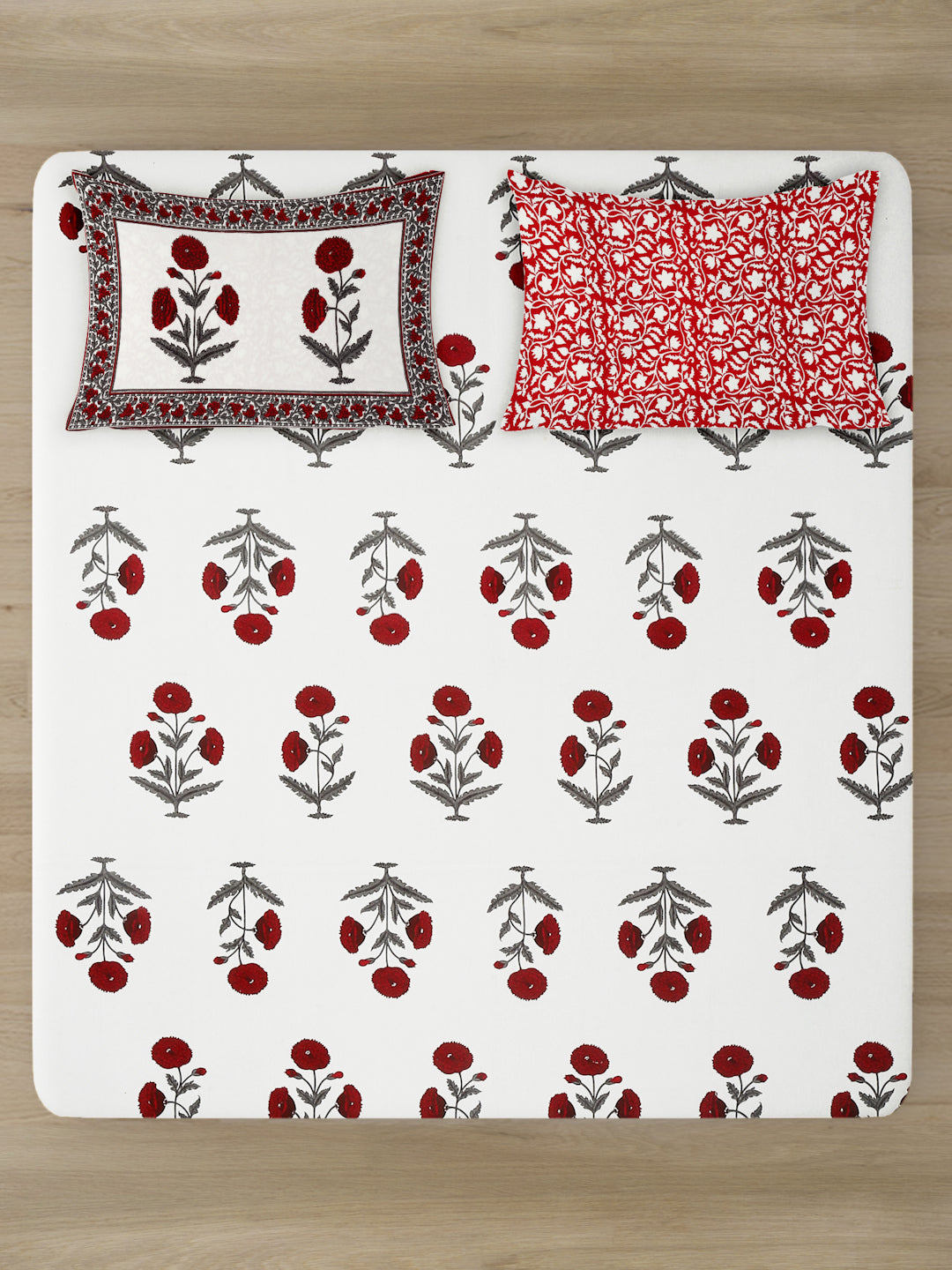 White and Red Floral Print 180 TC Cotton Double Bed Sheet with 2 Pillow Covers
