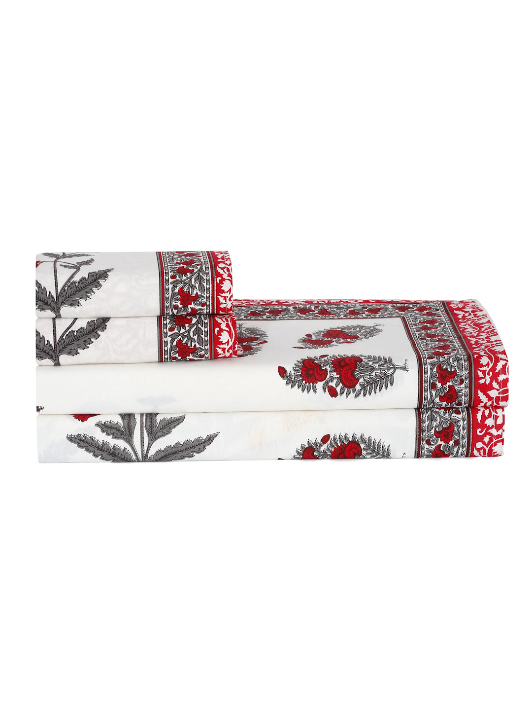 White and Red Floral Print 180 TC Cotton Double Bed Sheet with 2 Pillow Covers