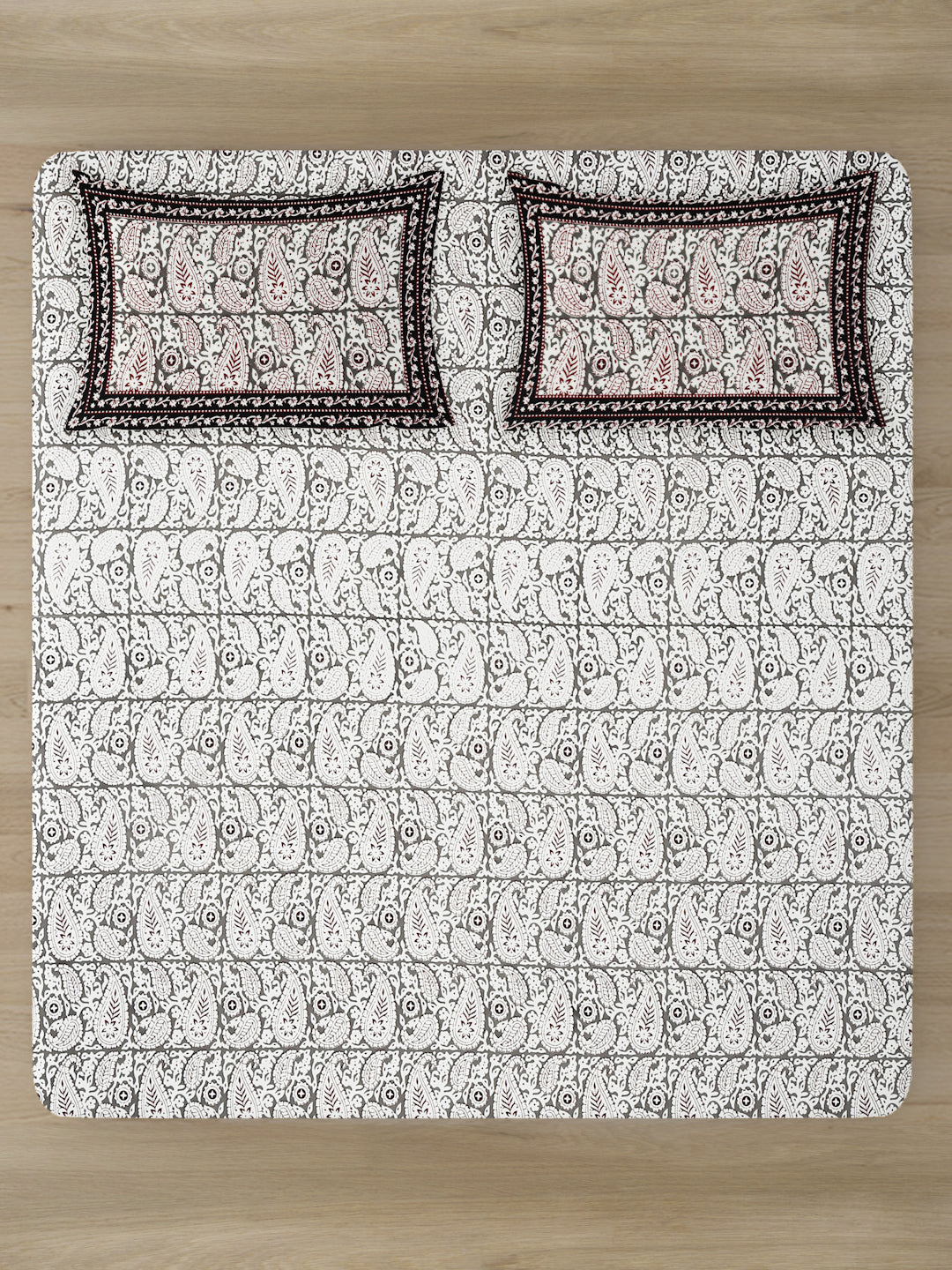 White and Grey Paisley Print 180 TC Cotton Double Bed sheet with 2 Pillow Covers
