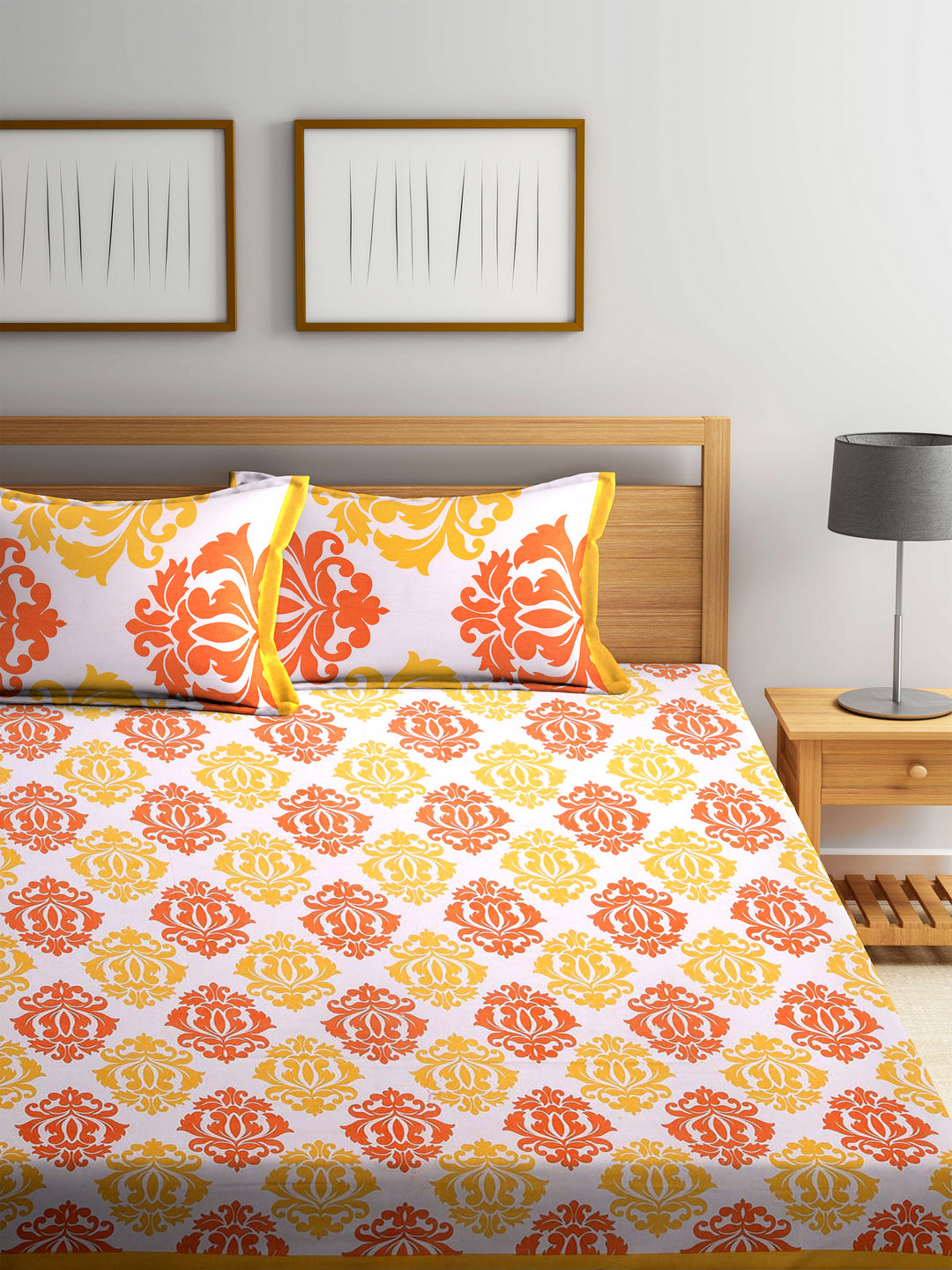 Flroal Print White Yellow Double Size Bedsheet with 2 Pillow Covers