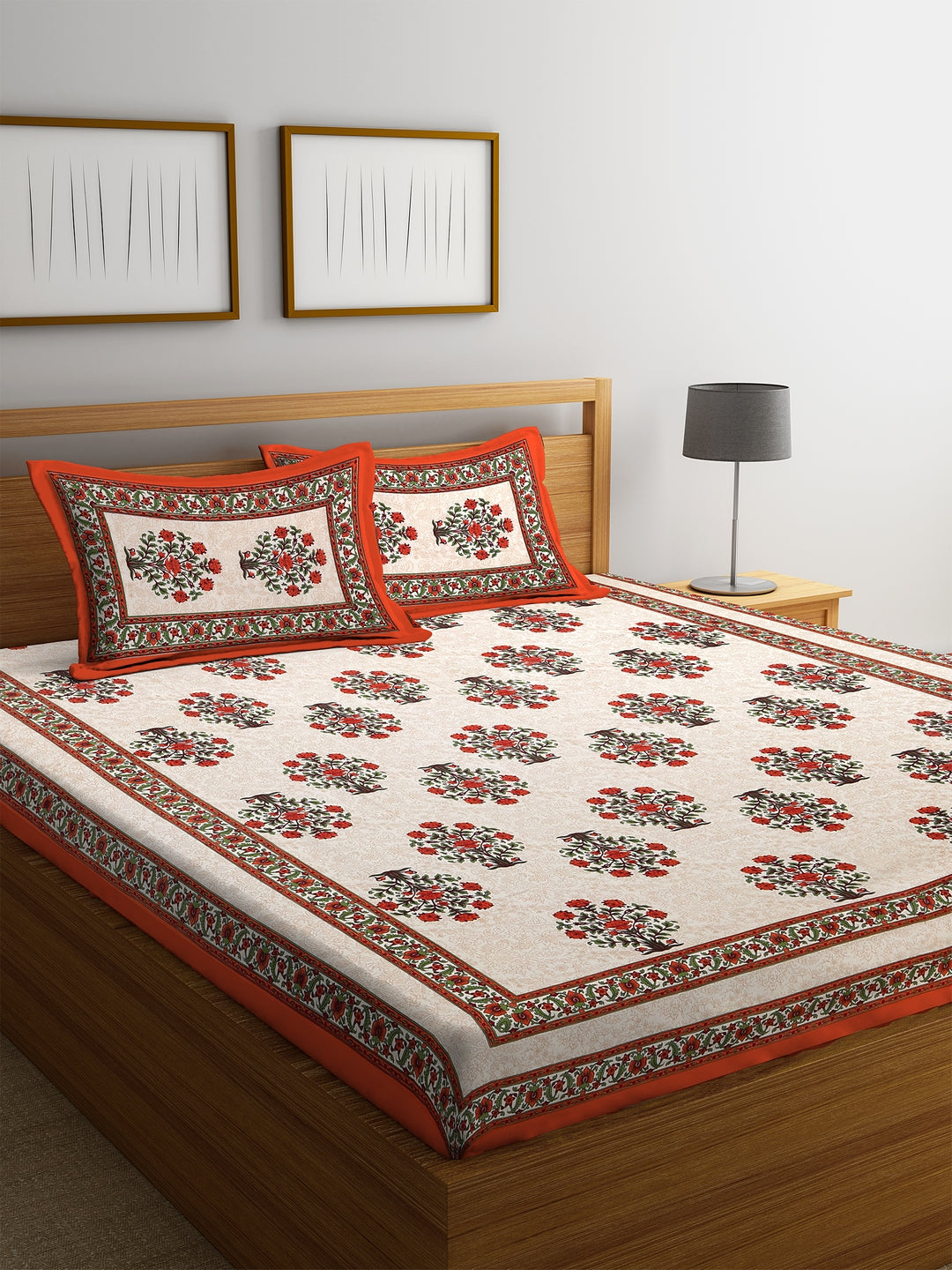Hand Screen Floral White and Orange Double Size Bedsheet with 2 Pillow Coverss
