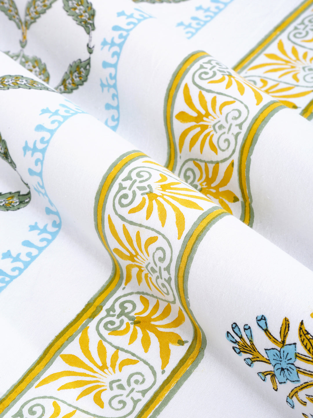 White and Yellow 6 seater Block Printed Leaf Cotton Table Cover-60x90 inch