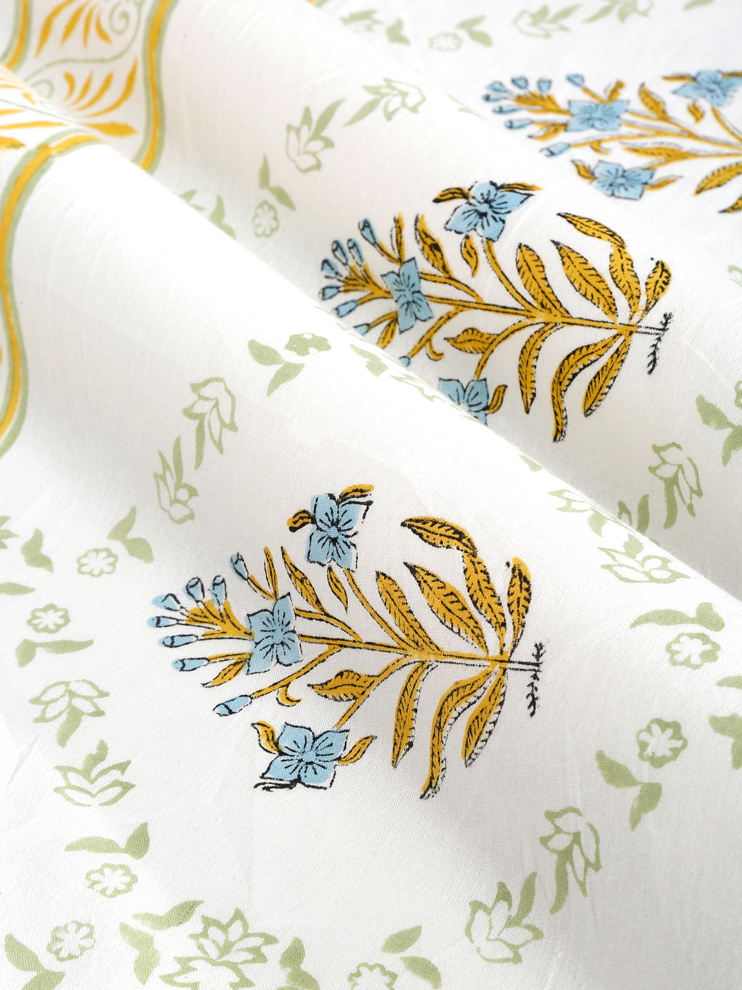 White and Yellow 6 seater Block Printed Floral Cotton Table Cover-60x90 inch