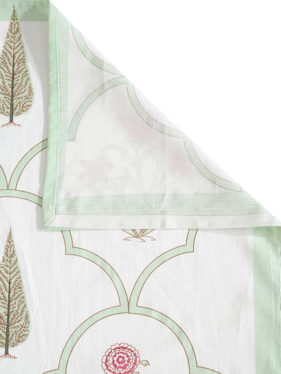 White and Pink 6 seater Block Printed Ethnic Motifs Cotton Table Cover-60x90 inch
