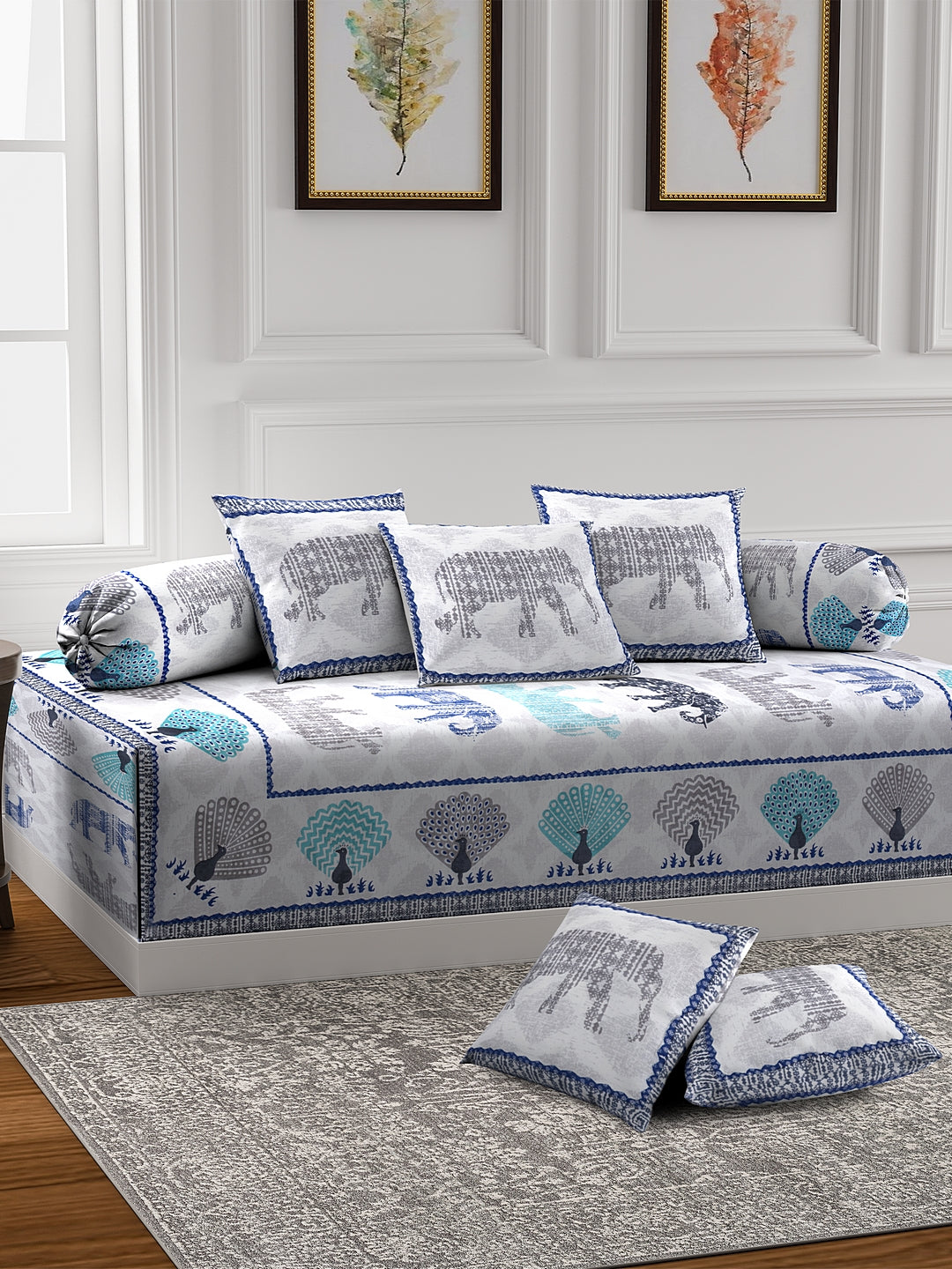 Rajasthan Décor Set of 8 White and Grey Color Animal Print Jaipuri Cotton Diwan set