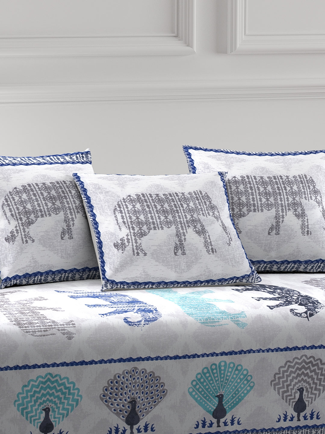 Rajasthan Décor Set of 8 White and Grey Color Animal Print Jaipuri Cotton Diwan set