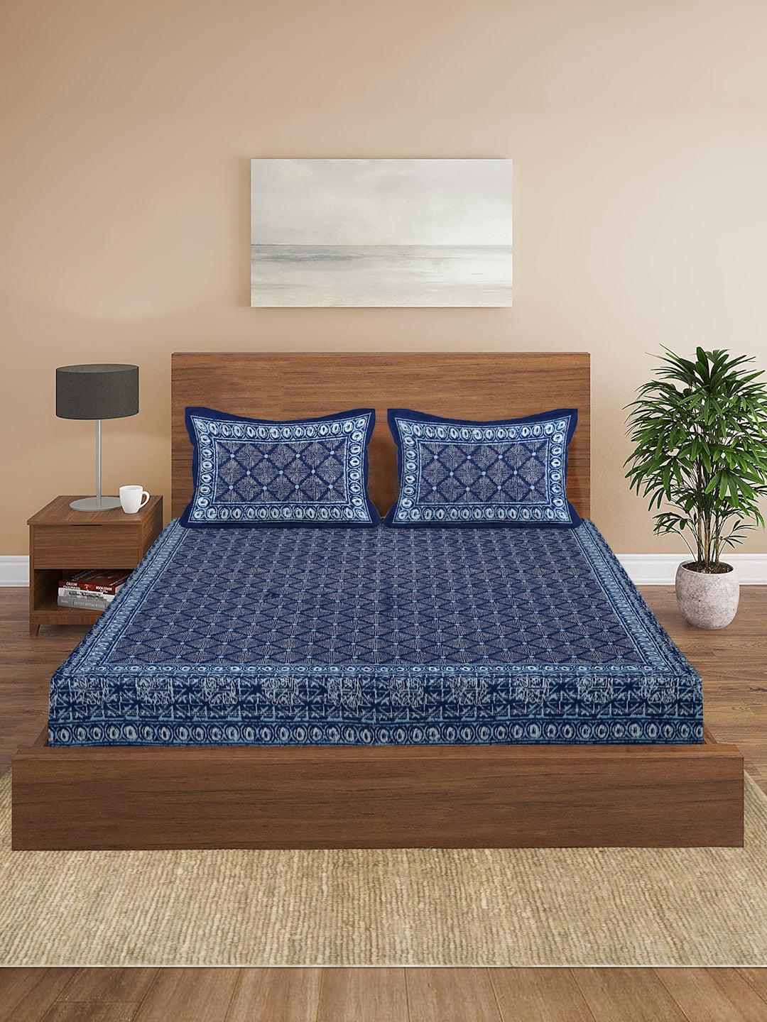 Indigo Dabu Print Cotton Double Bed Sheet with 2 Pillow Covers