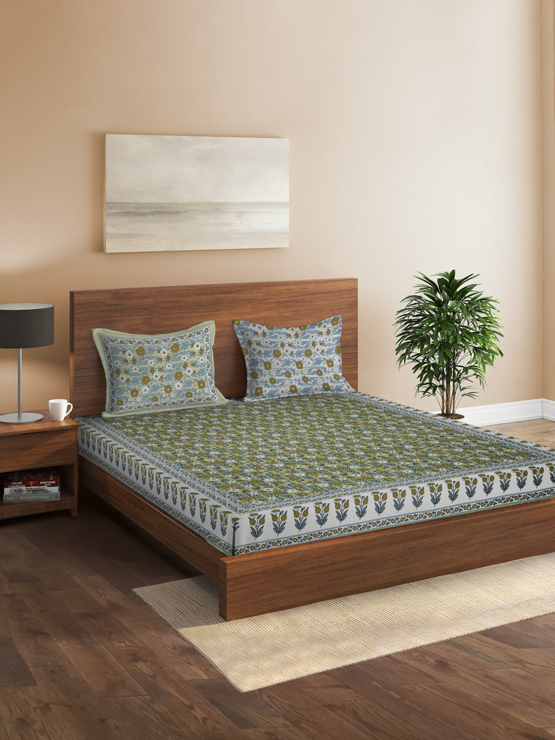 Green Floral Print Cotton Double Bed sheet with 2 Pillow Covers