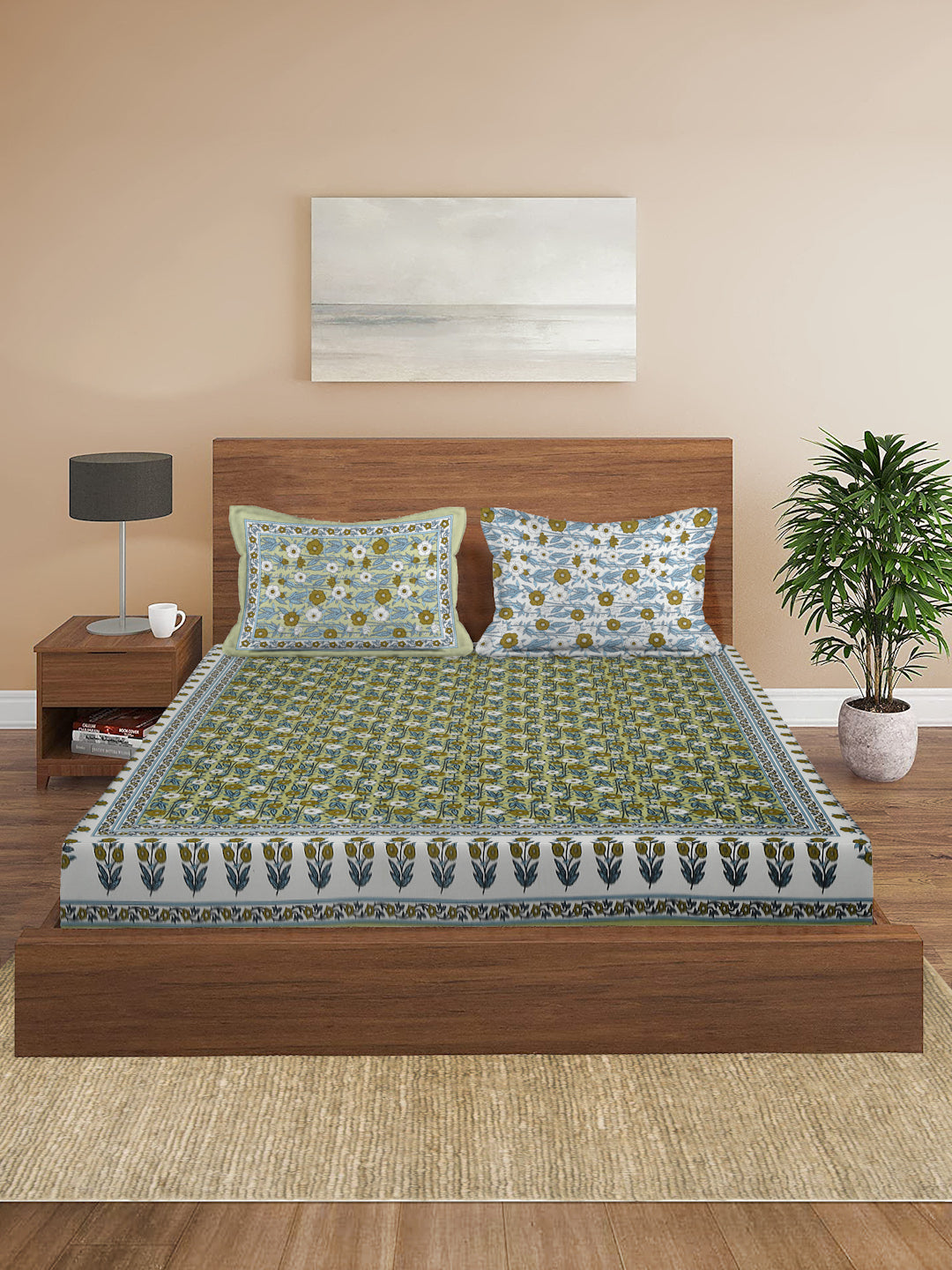 Green Floral Print Cotton Double Bed sheet with 2 Pillow Covers