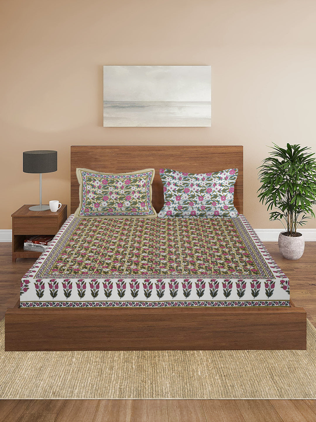 Yellow Floral Print Cotton Double Bed sheet with 2 Pillow Covers