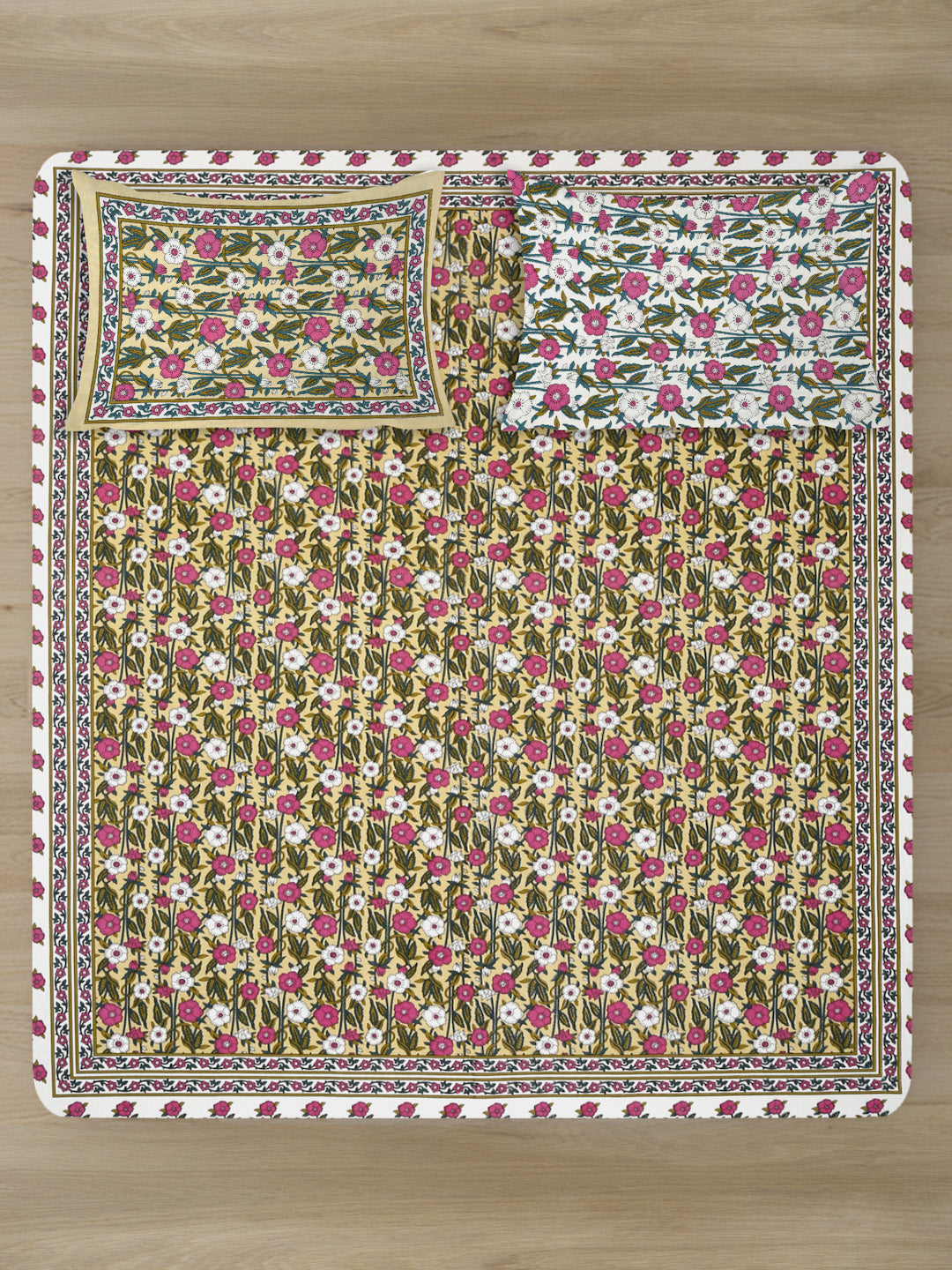 Yellow Floral Print Cotton Double Bed sheet with 2 Pillow Covers