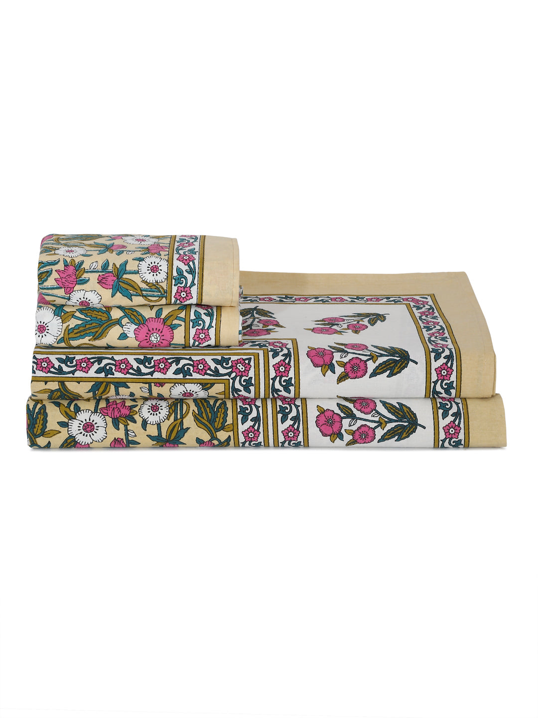 Yellow Floral Print Cotton Double Bed sheet with 2 Pillow Covers