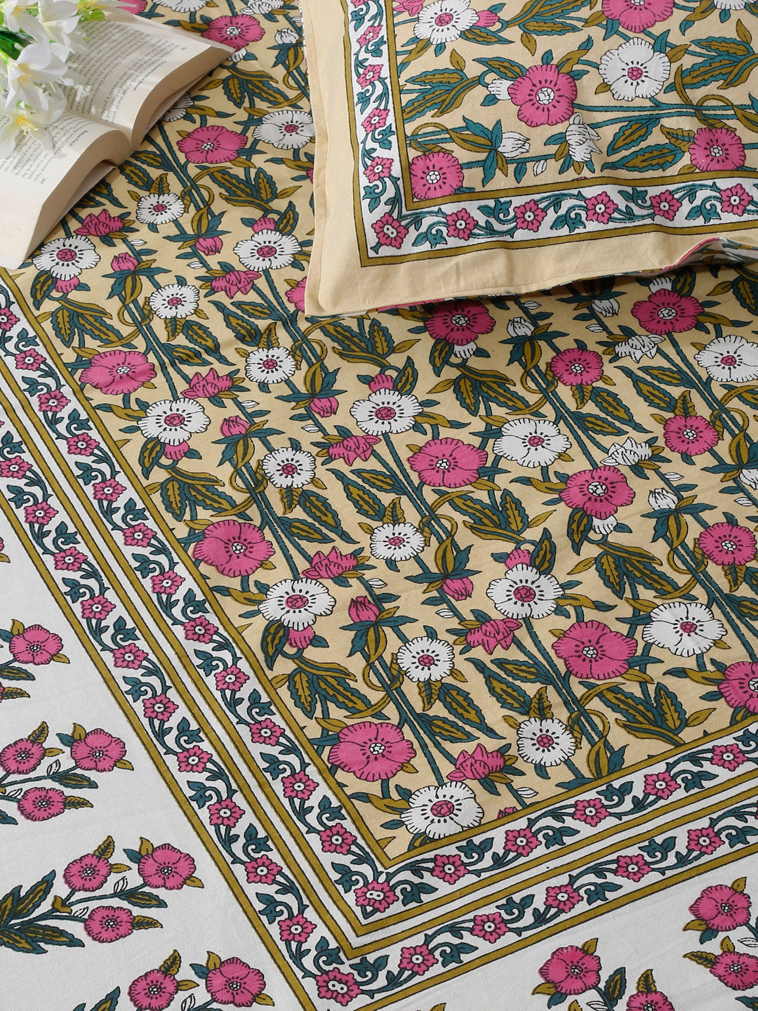 Yellow Floral Print Cotton Double Bed sheet with 2 Pillow Covers