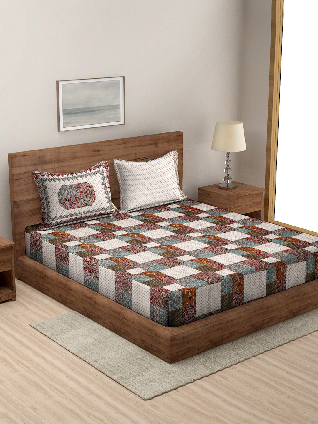 King Size Geometric Print Cotton Bed Sheet with 2 Pillow Covers