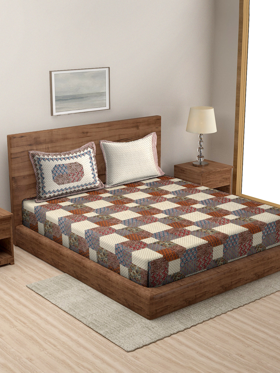 King Size Geometric Print Cotton Bed Sheet with 2 Pillow Covers