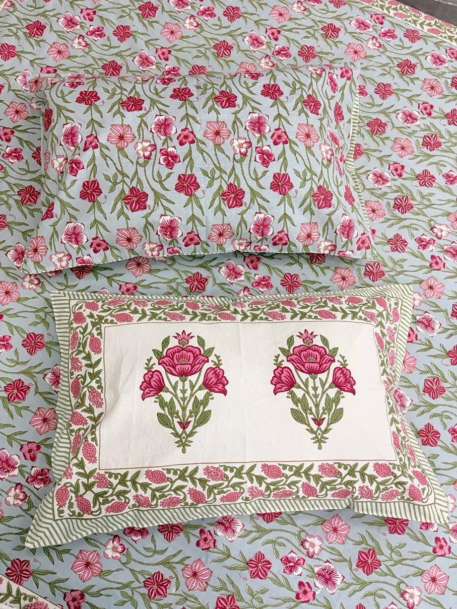 Pink Floral Cotton Bedsheet Set with Pillow Covers – King Size