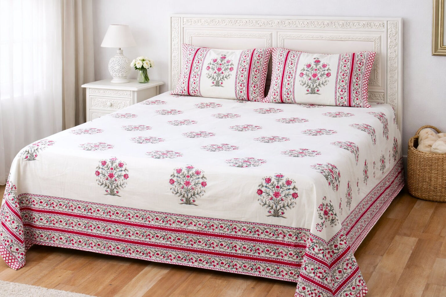 Red Floral Handblock Cotton Bedsheet Set with 2 Pillow Covers – King Size