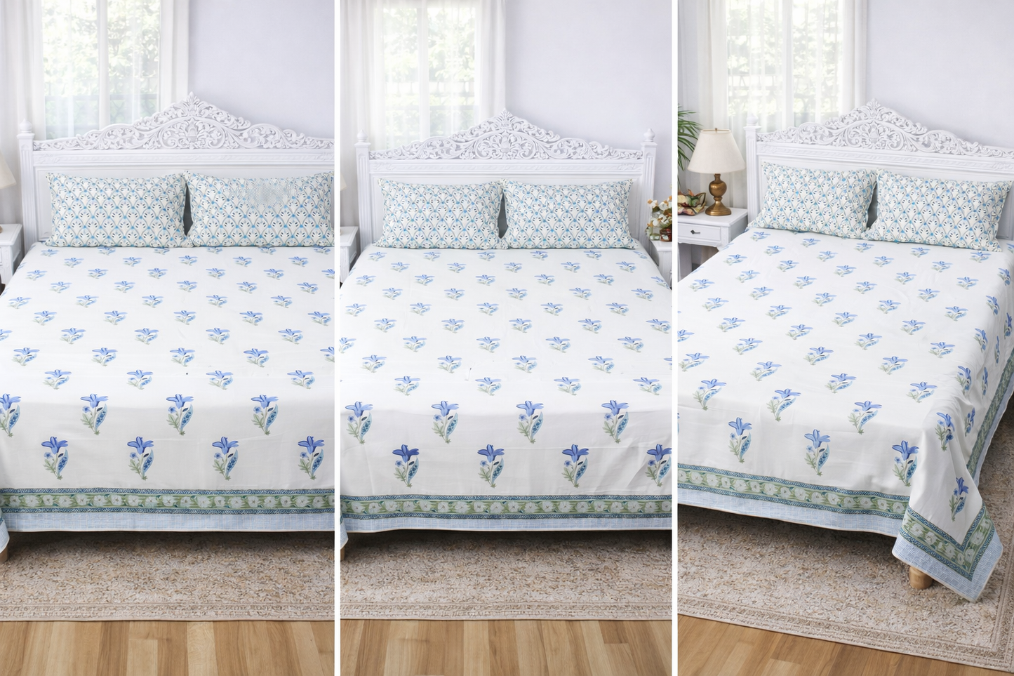 Rajasthan Decor White and Blue Floral Print Cotton King Bed sheet with 2 Pillow Covers