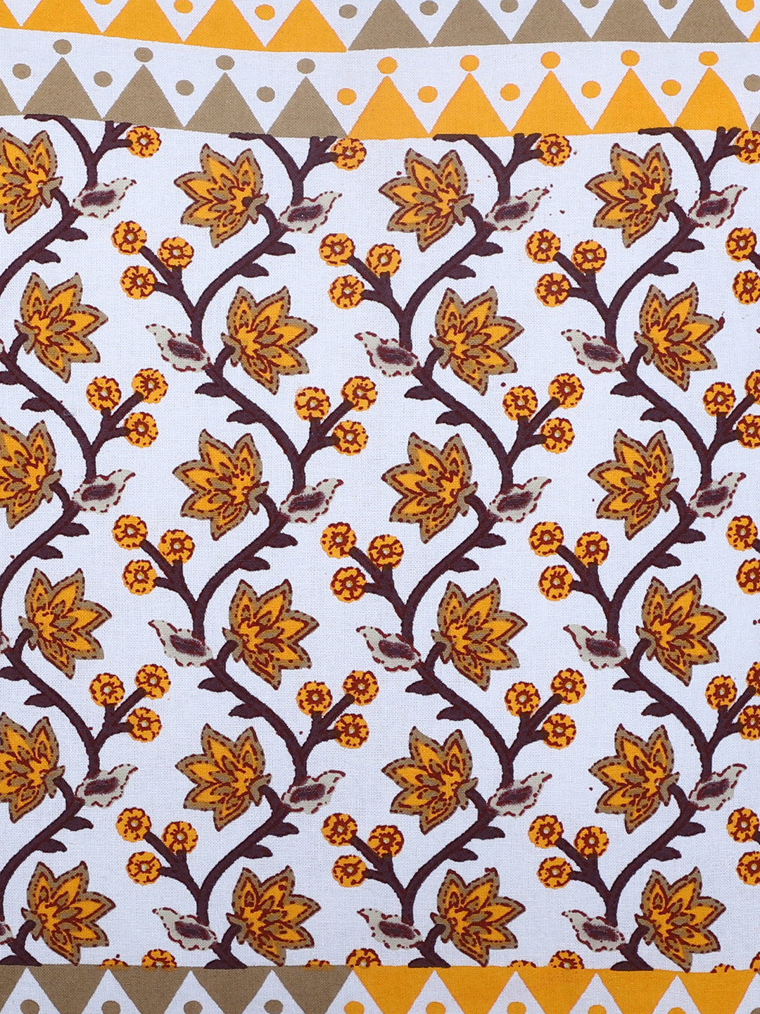 Rajasthan Décor Hand Block Floral White and Yellow Cotton Cushion Cover set of 2 (16x16 inches)