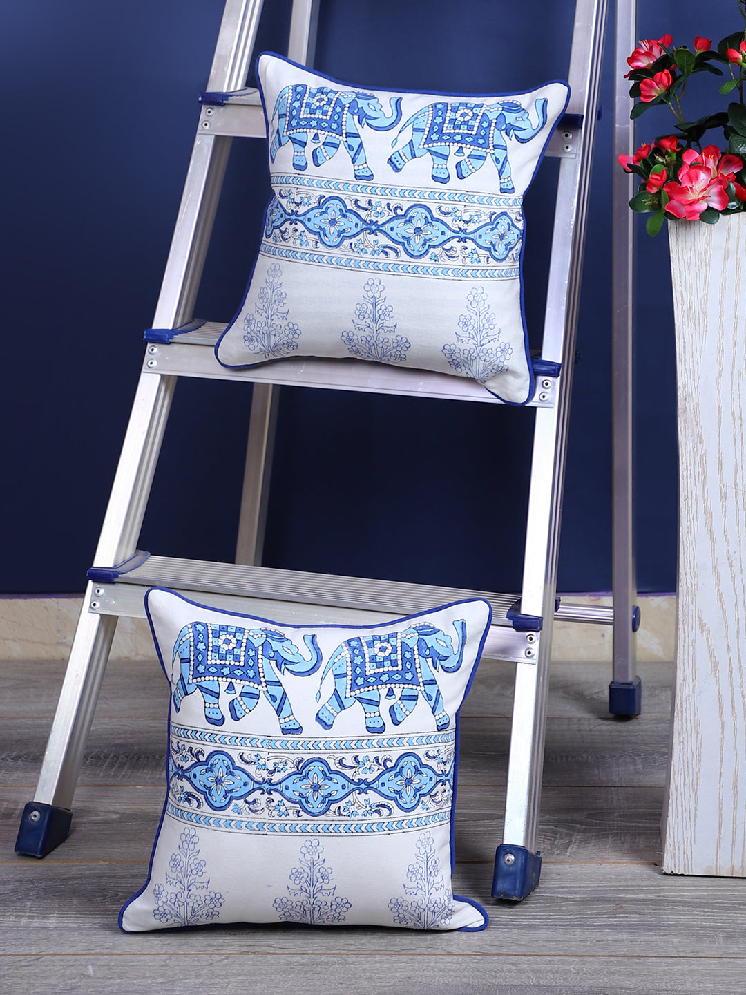 Rajasthan Décor Hand Block Animal Pattern White and Sky Blue Cotton Cushion Cover set of 2 (12x12 inches)