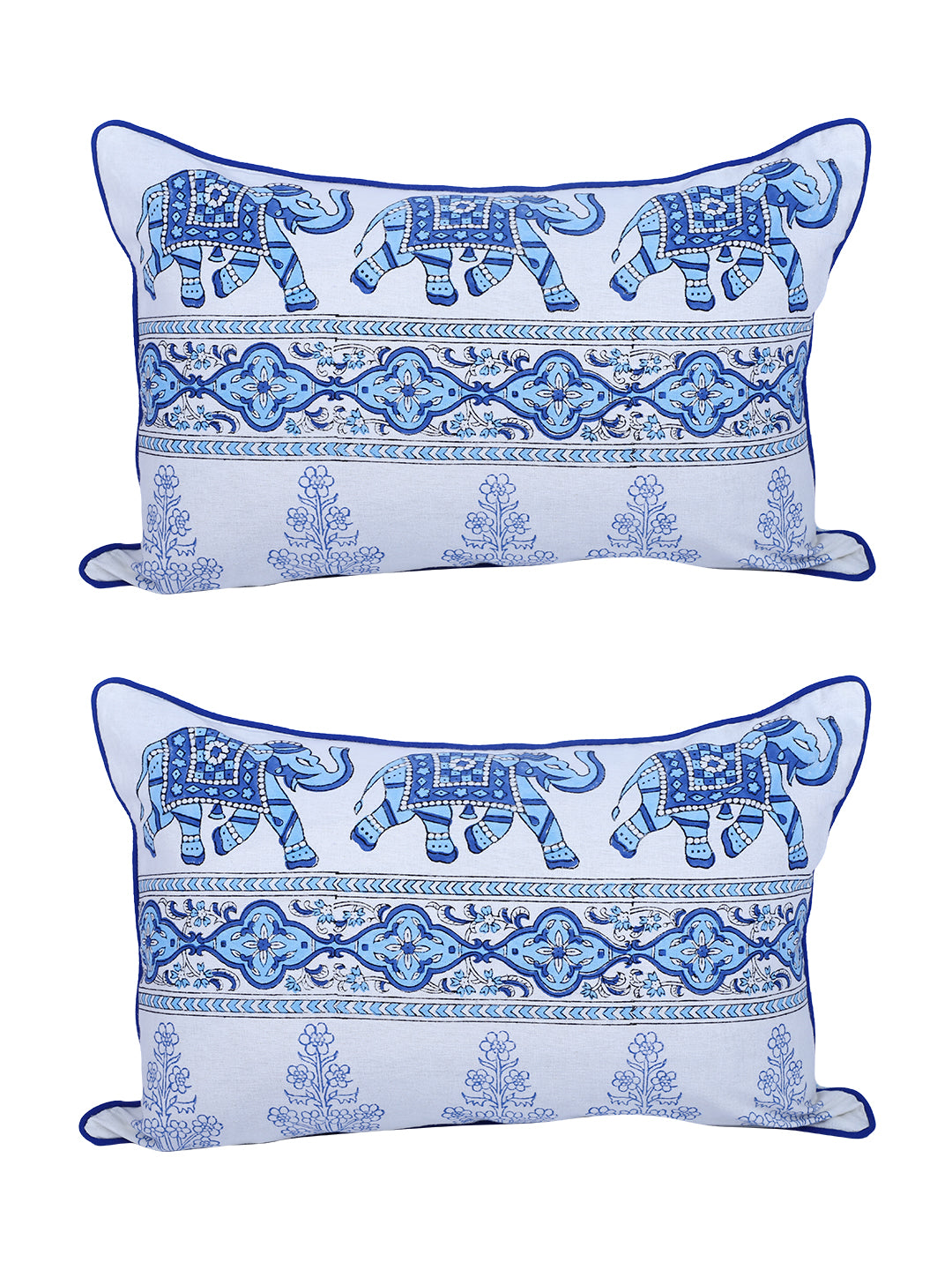 Rajasthan Décor Hand Block Animal Pattern White and Sky Blue Cotton Cushion Cover set of 2 (12x18 inches)