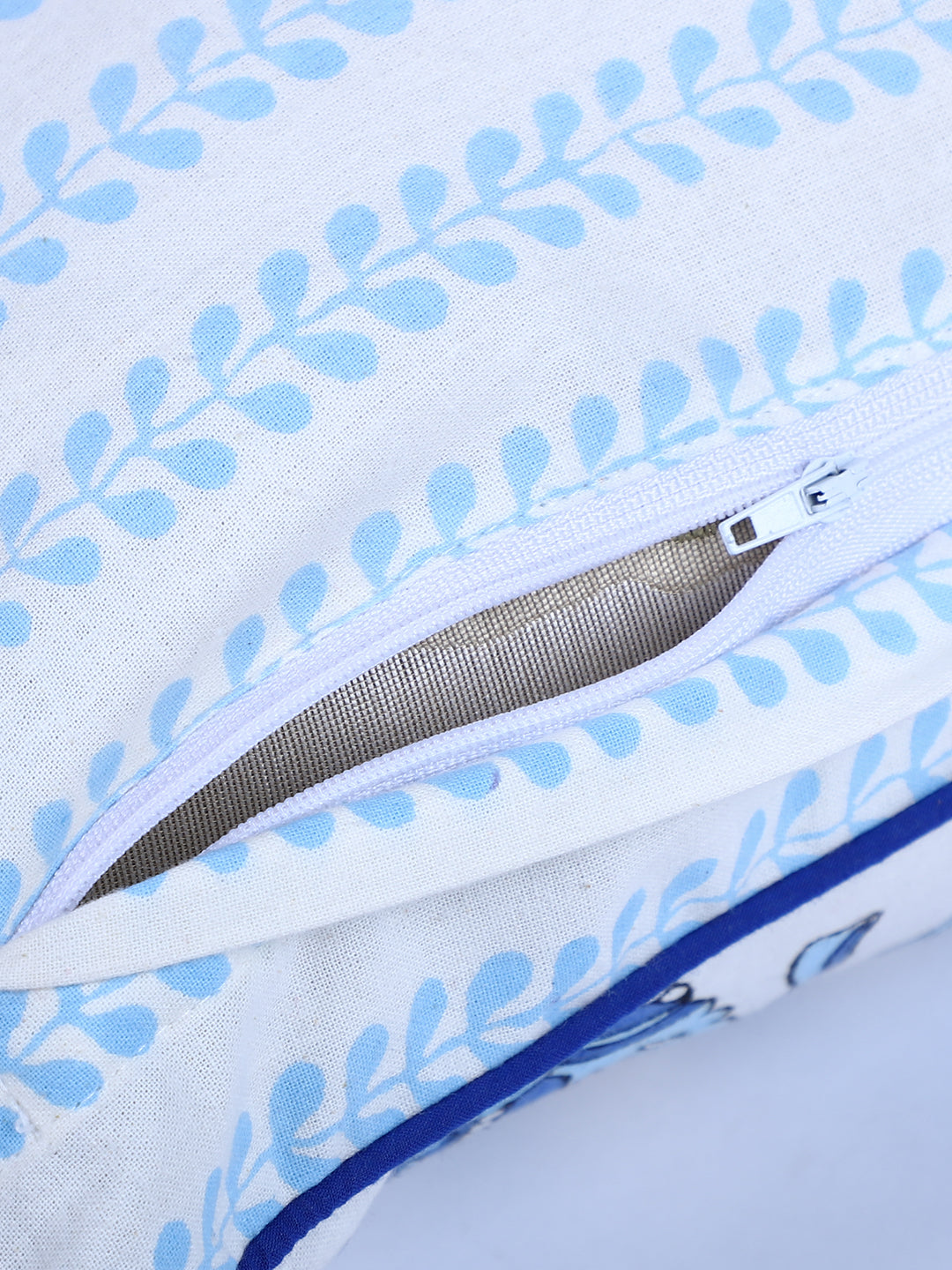 Rajasthan Décor Hand Block Animal Pattern White and Sky Blue Cotton Cushion Cover set of 2 (12x18 inches)