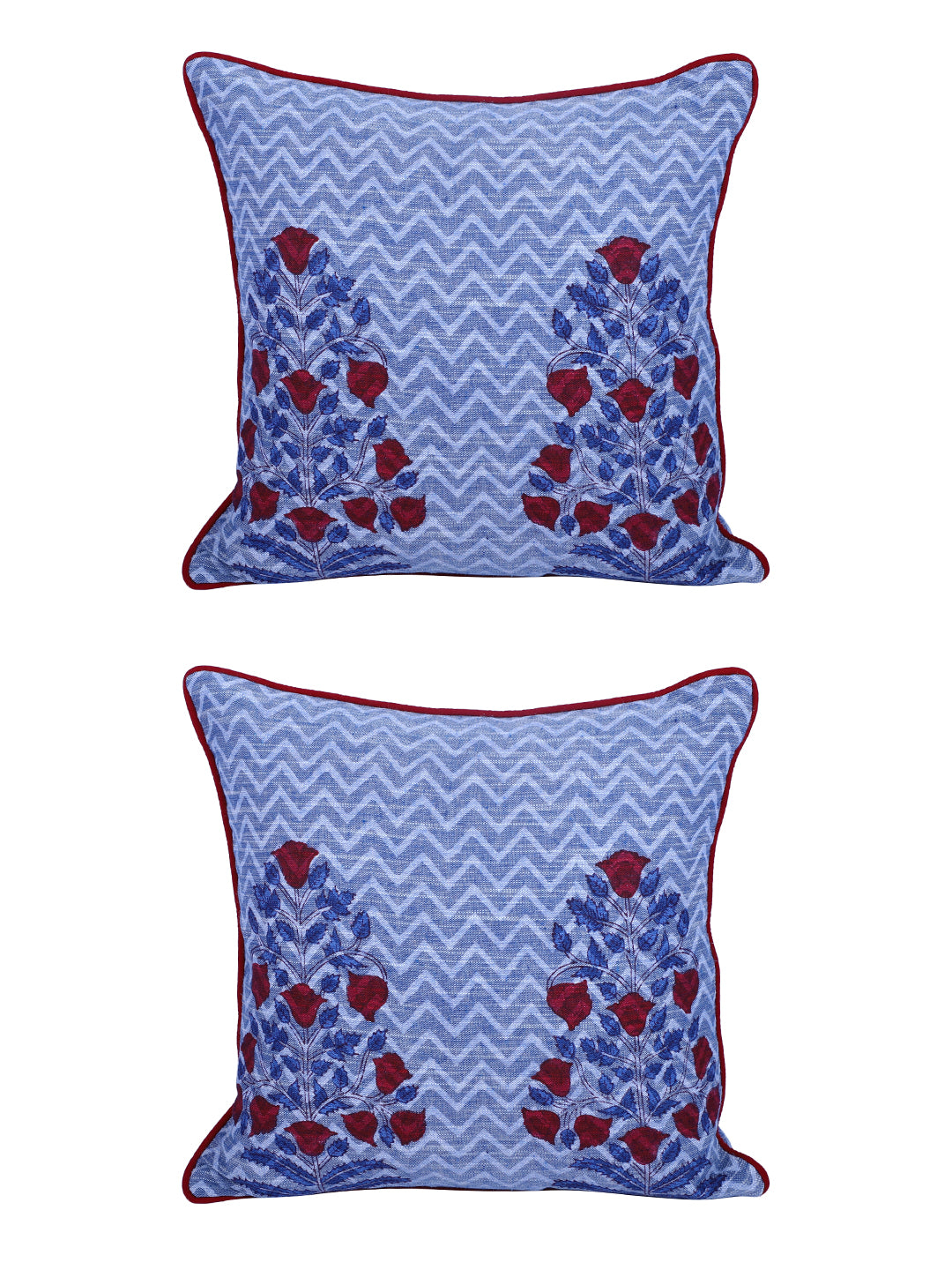 Rajasthan Décor Hand Block Floral Sky Blue Cotton Cushion Cover set of 2 (12x12 inches)