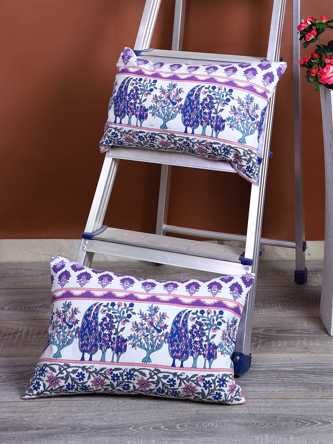Rajasthan Décor Hand Block Floral White and Indigo Cotton Cushion Cover set of 2 (12x18 inches)