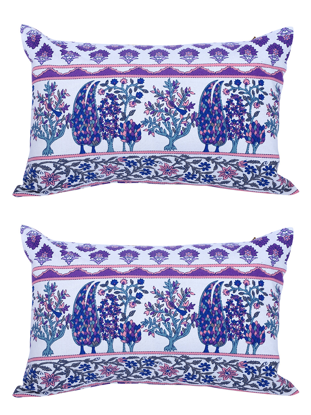 Rajasthan Décor Hand Block Floral White and Indigo Cotton Cushion Cover set of 2 (12x18 inches)