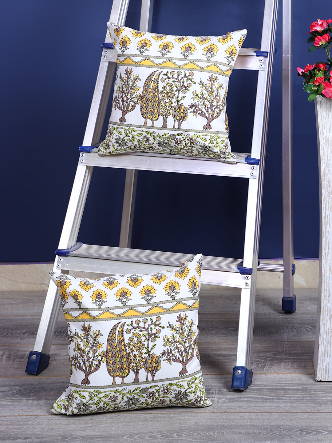 Rajasthan Décor Hand Block Floral White and Yellow Cotton Cushion Cover set of 2 (12x12 inches)