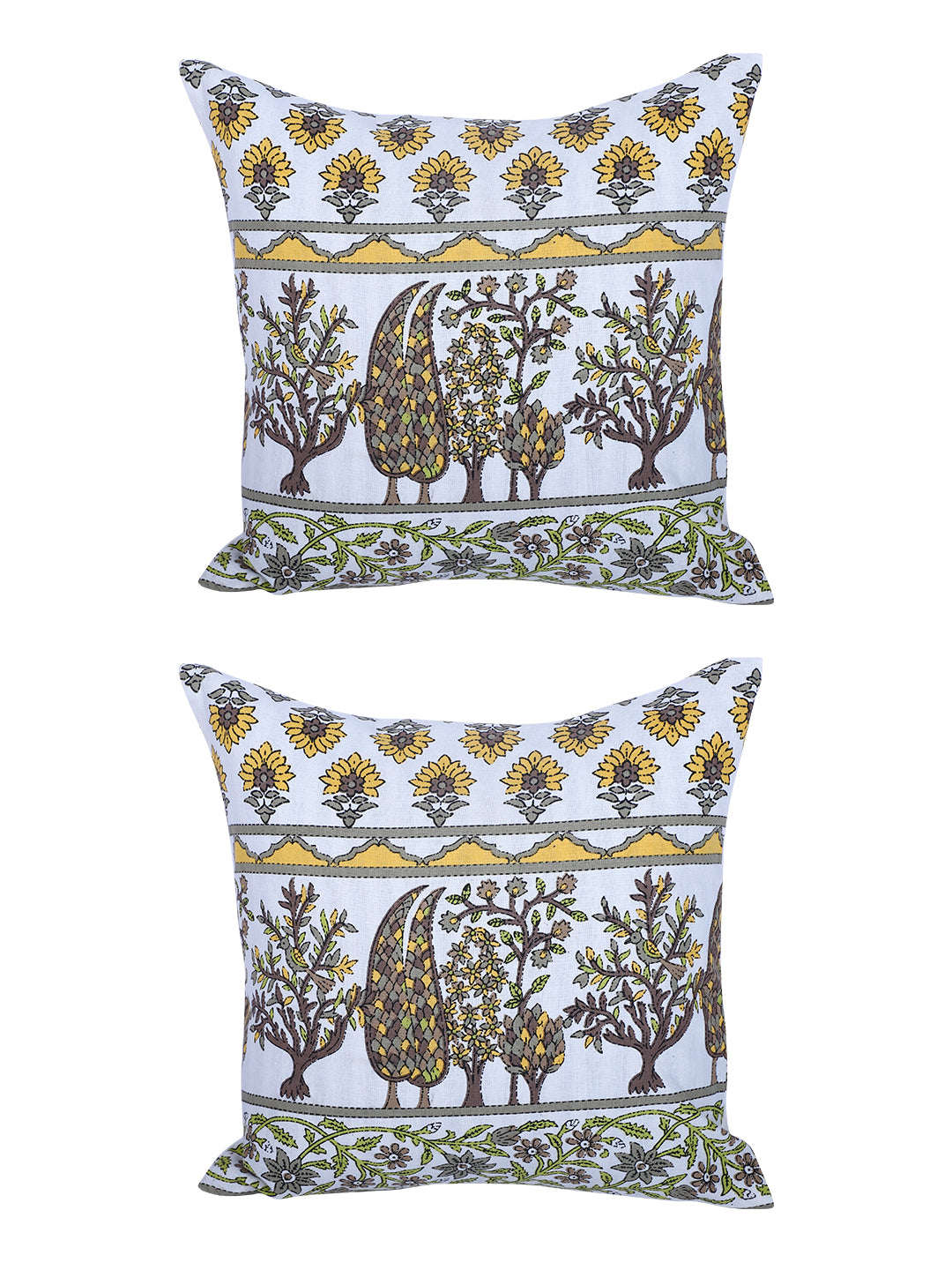 Rajasthan Décor Hand Block Floral White and Yellow Cotton Cushion Cover set of 2 (12x12 inches)