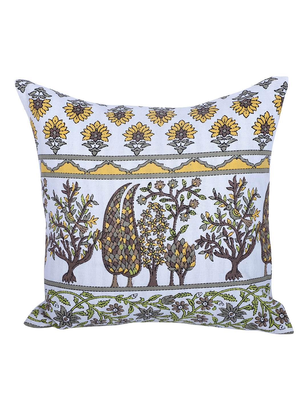 Rajasthan Décor Hand Block Floral White and Yellow Cotton Cushion Cover set of 2 (12x12 inches)