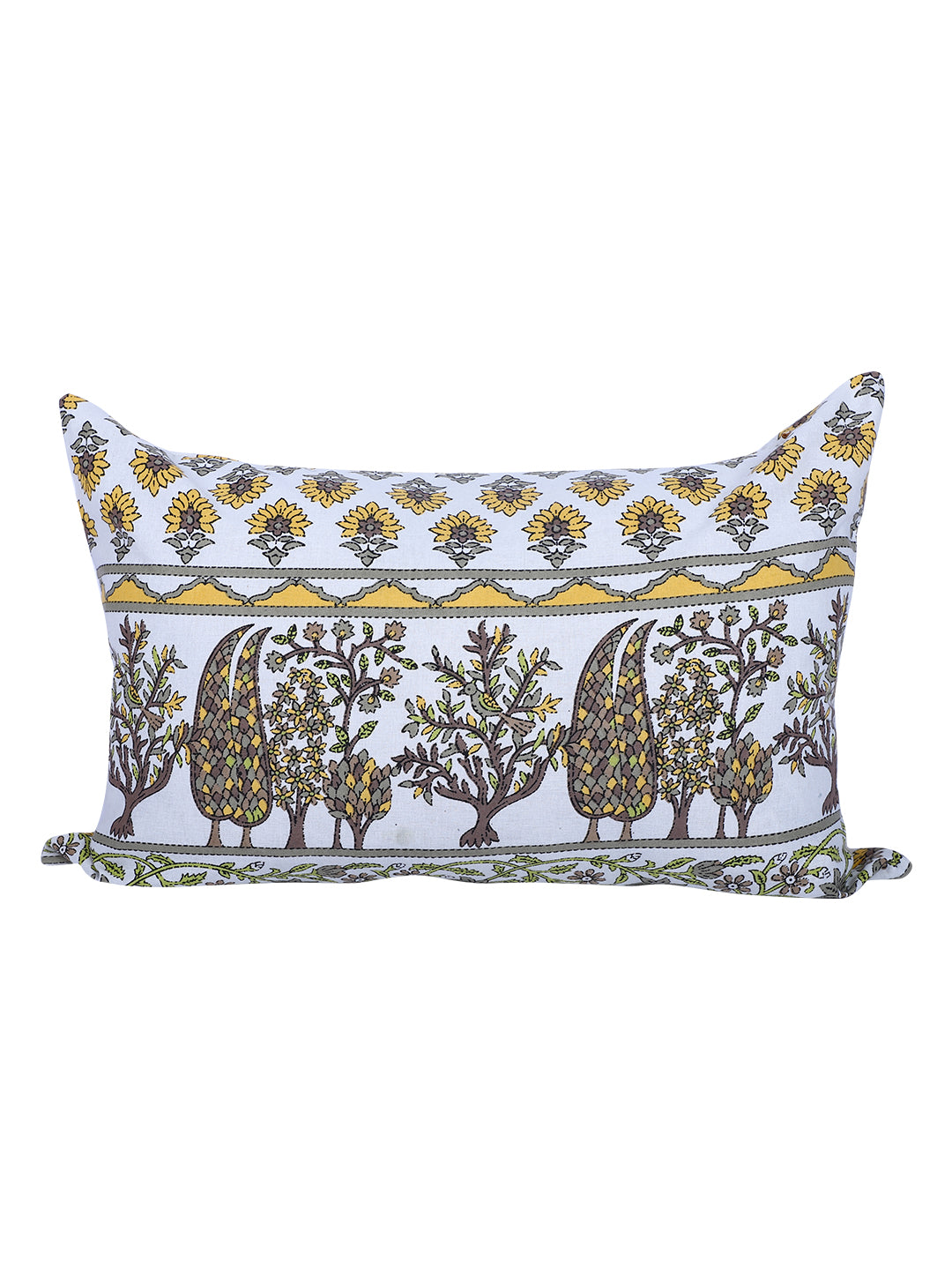 Rajasthan Décor Hand Block Floral White and Yellow Cotton Cushion Cover set of 2 (12x18 inches)