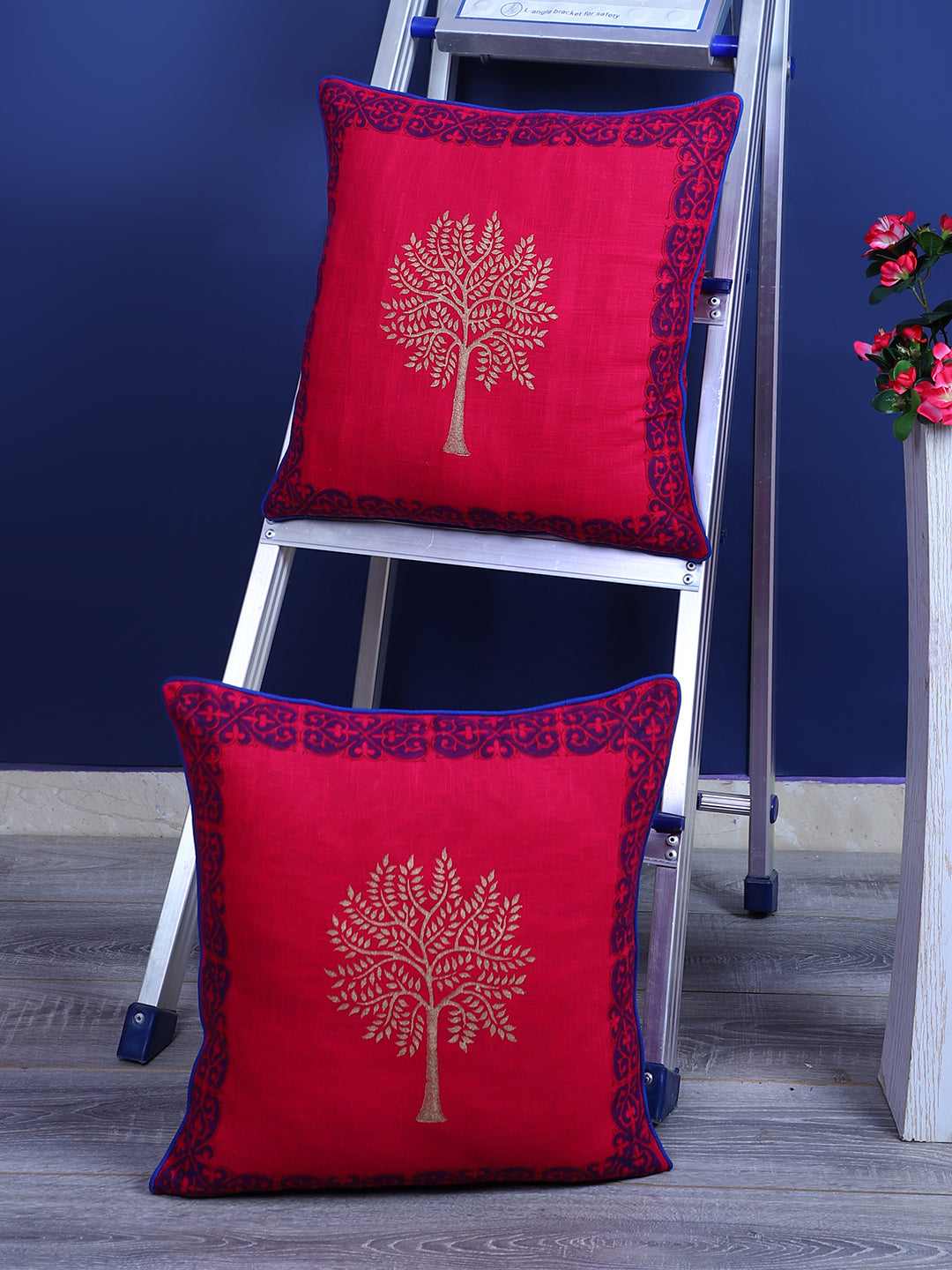 Rajasthan Décor Hand Block Floral Pink Color Cotton Cushion Cover set of 2 (16x16 inches)