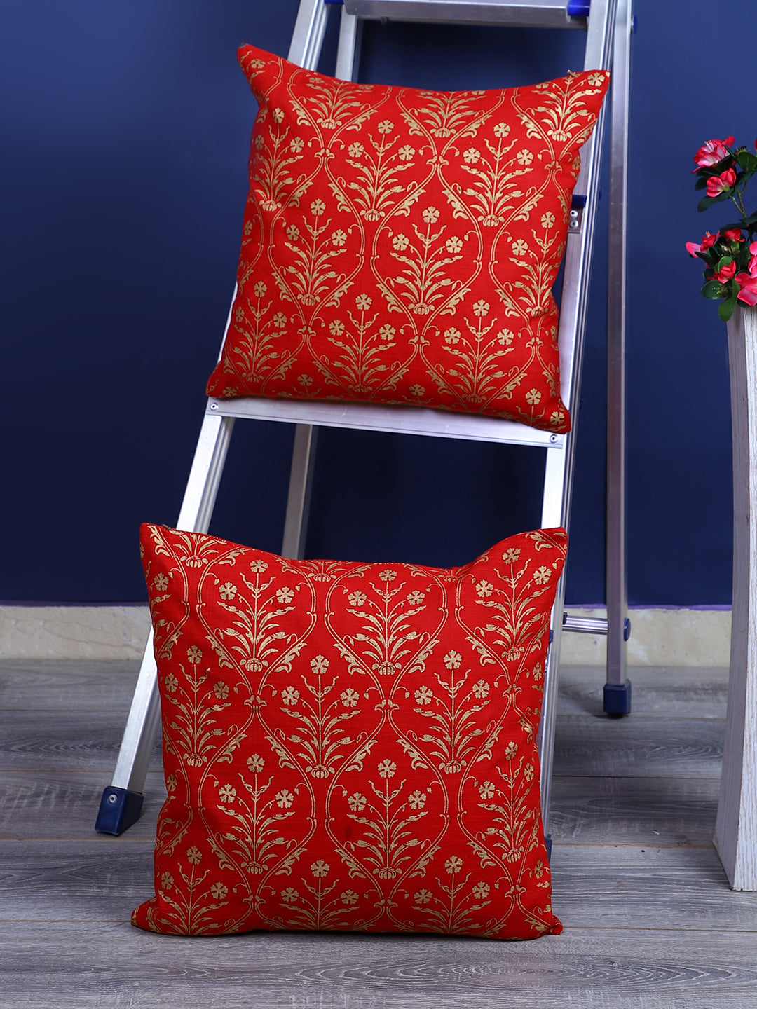 Rajasthan Décor Hand Block Floral Red and Gold Cotton Cushion Cover set of 2 (16x16 inches)