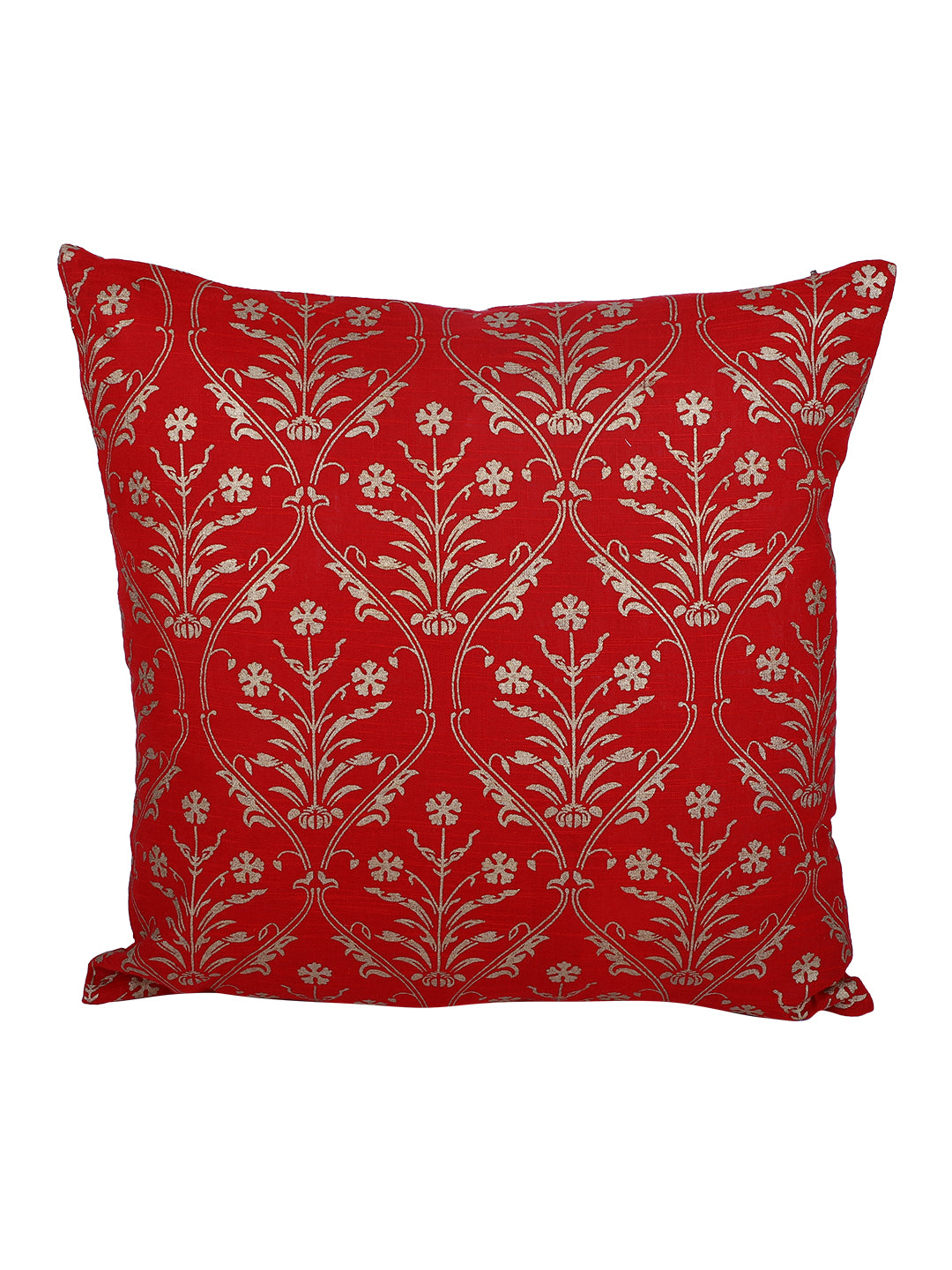 Rajasthan Décor Hand Block Floral Red and Gold Cotton Cushion Cover set of 2 (16x16 inches)