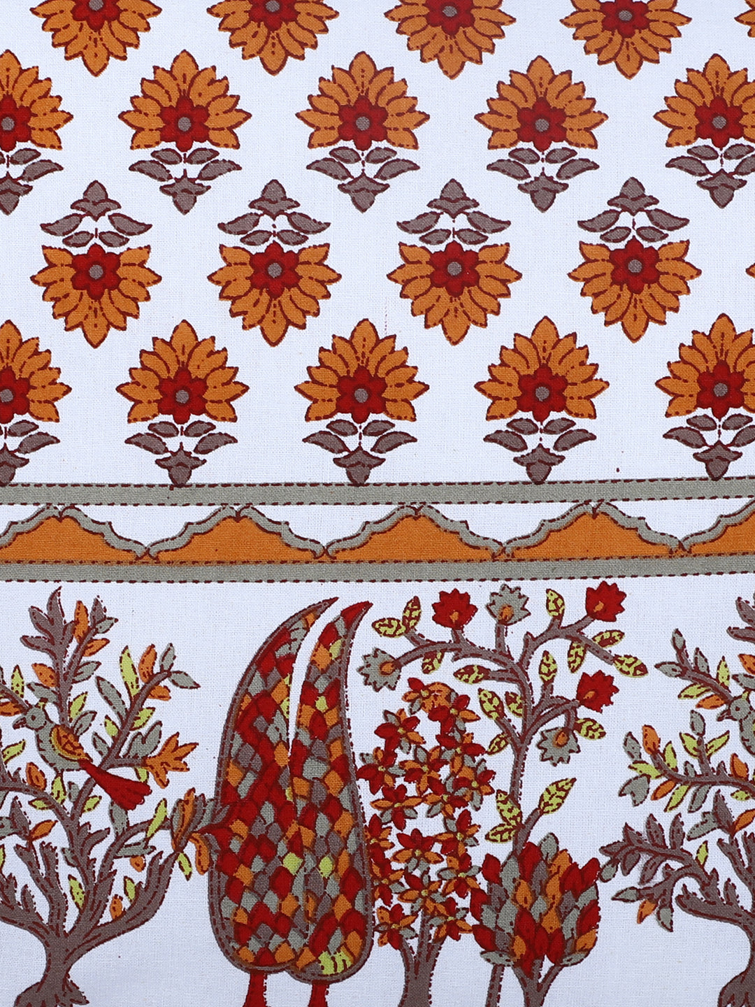 Rajasthan Décor Hand Block Floral White and Orange Cotton Cushion Cover set of 2 (16x16 inches)