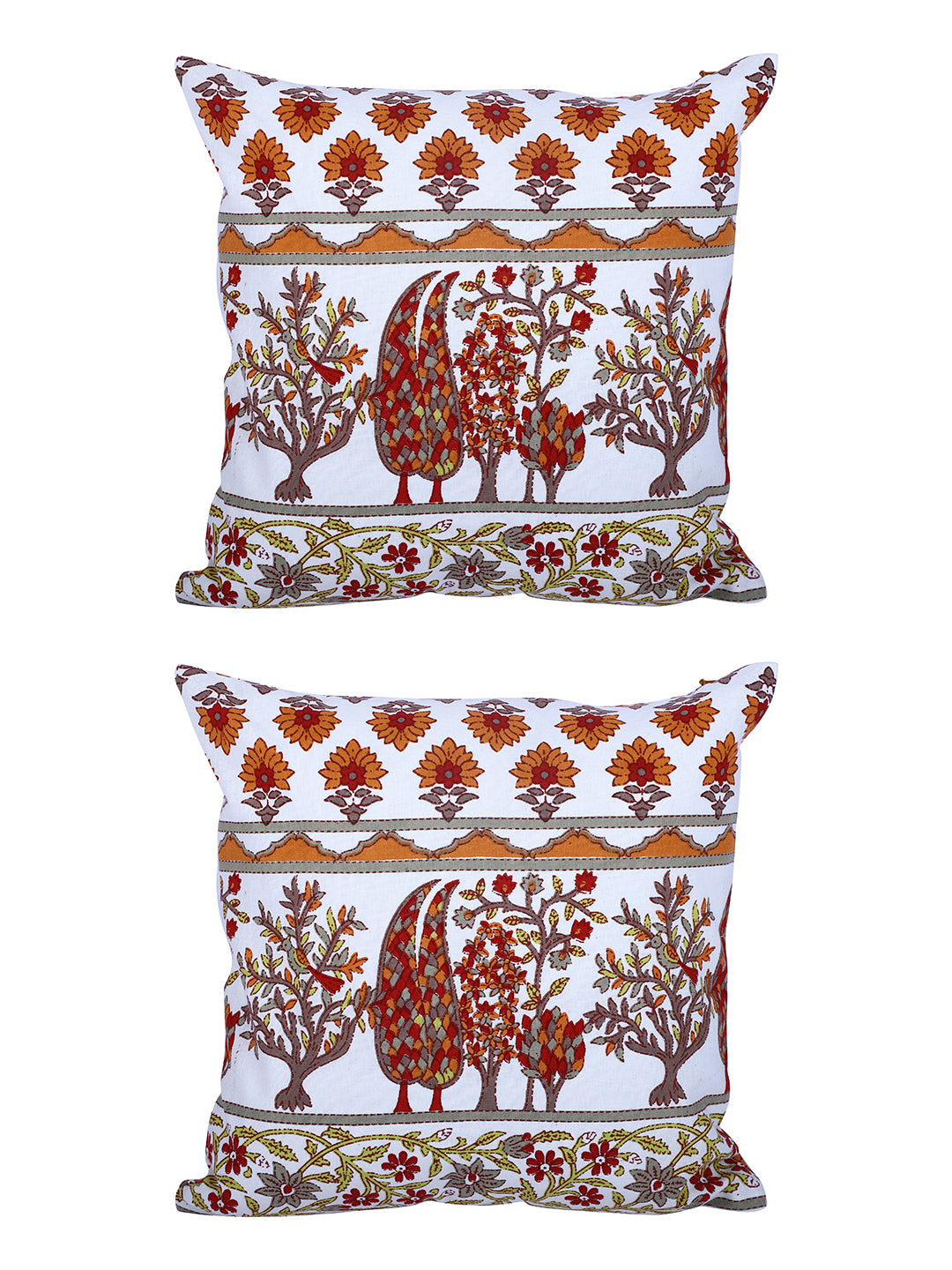 Rajasthan Décor Hand Block Floral White and Orange Cotton Cushion Cover set of 2 (12x12 inches)
