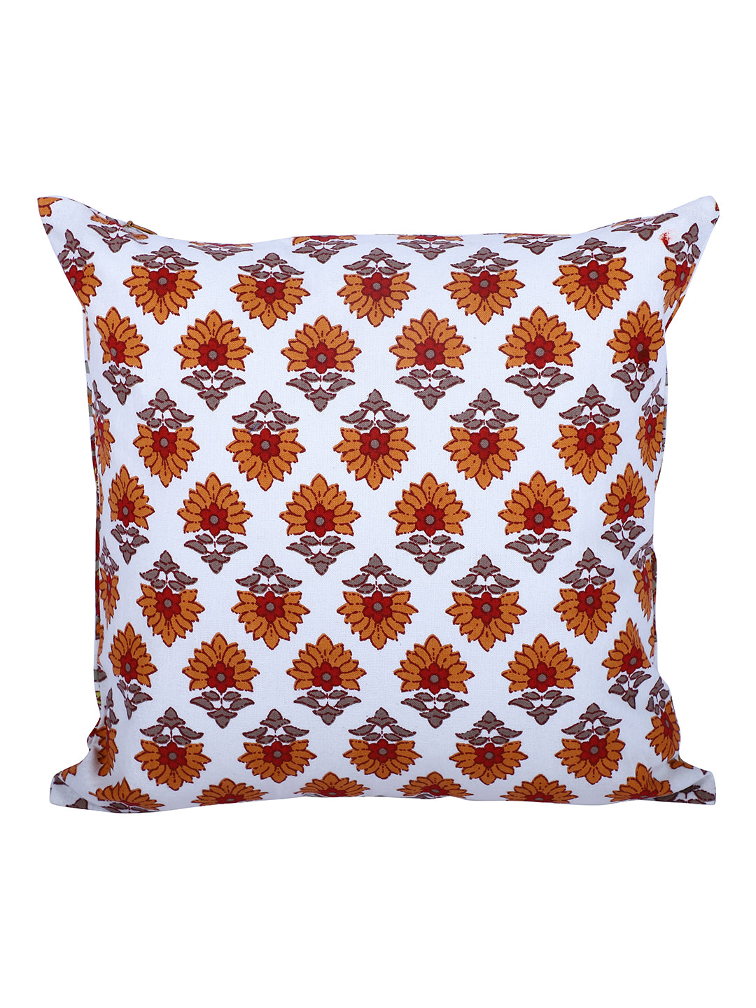 Rajasthan Décor Hand Block Floral White and Orange Cotton Cushion Cover set of 2 (12x12 inches)