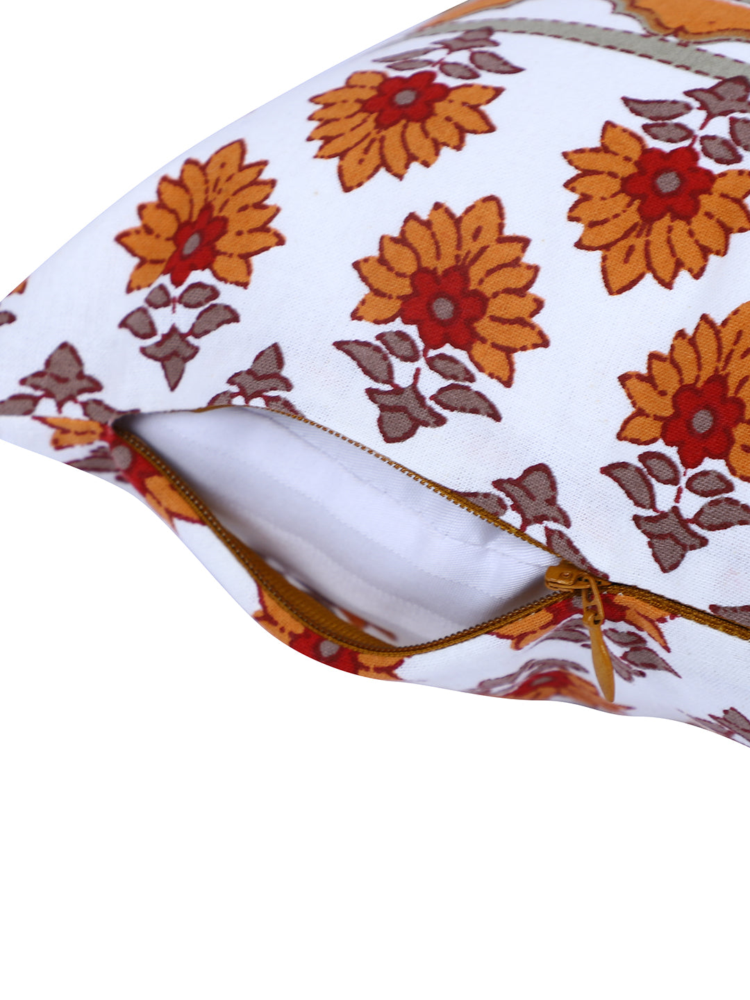 Rajasthan Décor Hand Block Floral White and Orange Cotton Cushion Cover set of 2 (12x12 inches)