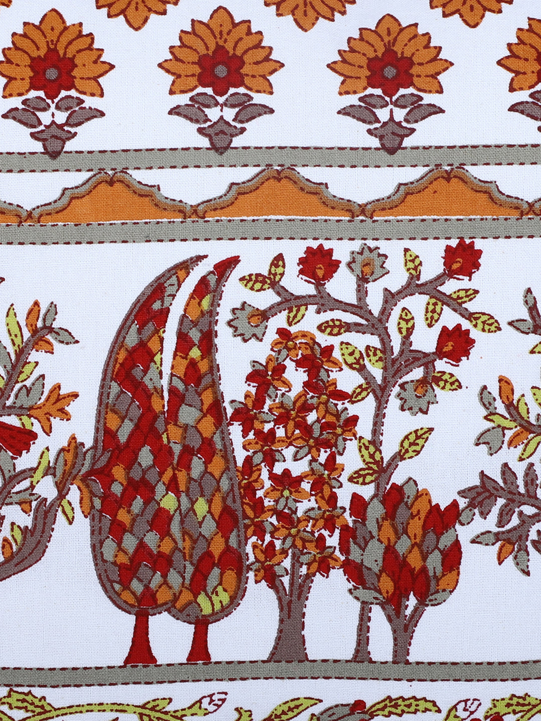 Rajasthan Décor Hand Block Floral White and Orange Cotton Cushion Cover set of 2 (12x12 inches)