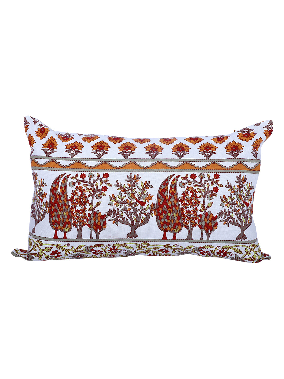 Rajasthan Décor Hand Block Floral White and Orange Cotton Cushion Cover set of 2 (12x18 inches)
