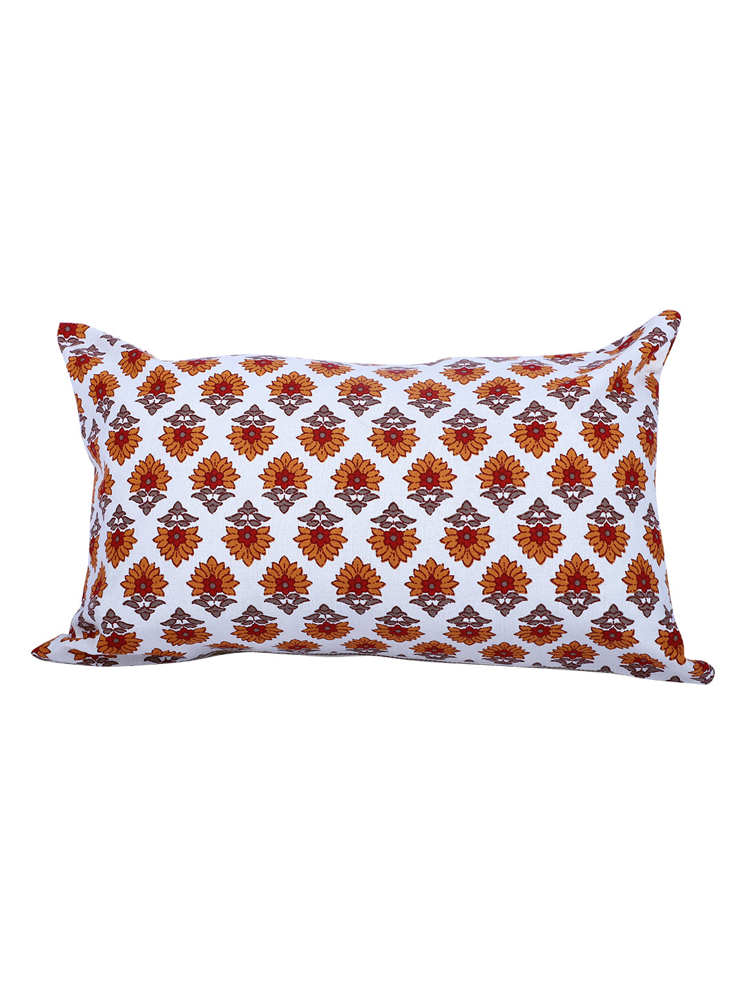 Rajasthan Décor Hand Block Floral White and Orange Cotton Cushion Cover set of 2 (12x18 inches)